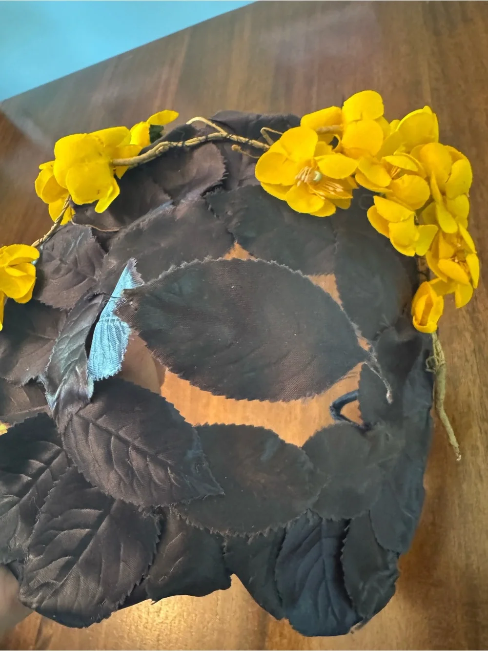 Vintage 1950s Navy Satin Leaf Calot Half Hat Yellow Flowers